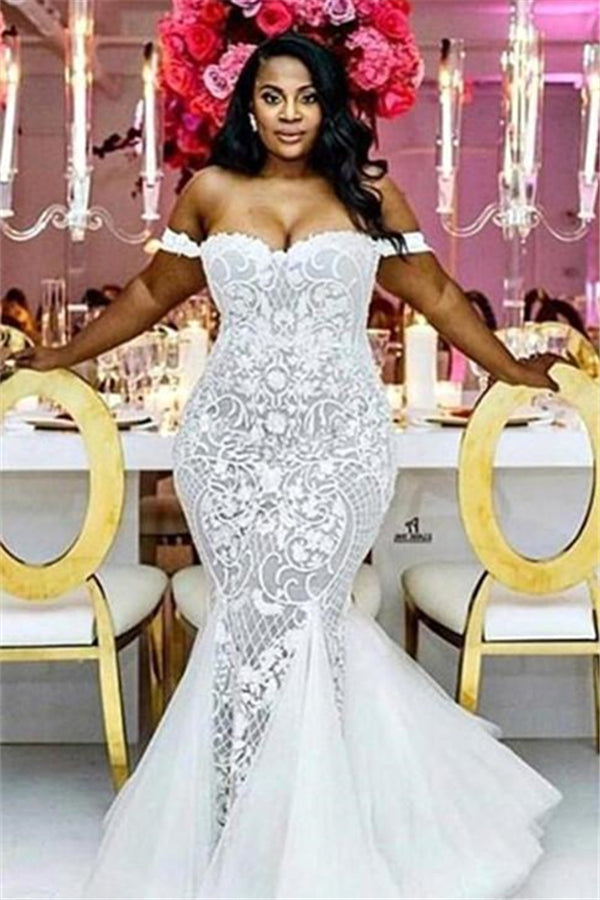 Off the shoulder Lace Mermaid Plus Size Wedding Dresses-Ballbella