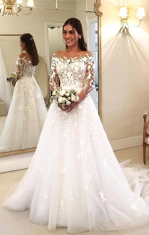 Off-the-Shoulder Long Sleeves Mermaid Lace Wedding Dress-Ballbella