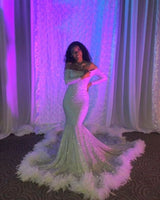 Off-the-shoulder Sequins Fur Trim Court Train Mermaid Prom Gowns-Ballbella