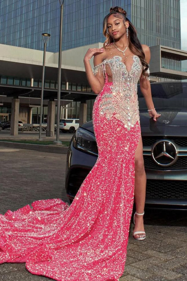 Off the shoulder Silver Beaded Pink Mermaid Court Train Prom Dresses-Ballbella