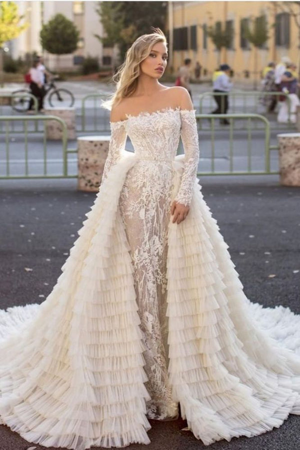 Off the Shoulder Wedding Gown Long Sleeves Floral Mermaid with Detachable Train-Ballbella