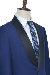 One Button Black Silk Shawl Lapel Wedding Suits for Men Classic Blue Mens Prom Suits-Ballbella