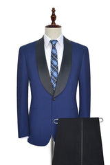 One Button Black Silk Shawl Lapel Wedding Suits for Men Classic Blue Mens Prom Suits-Ballbella