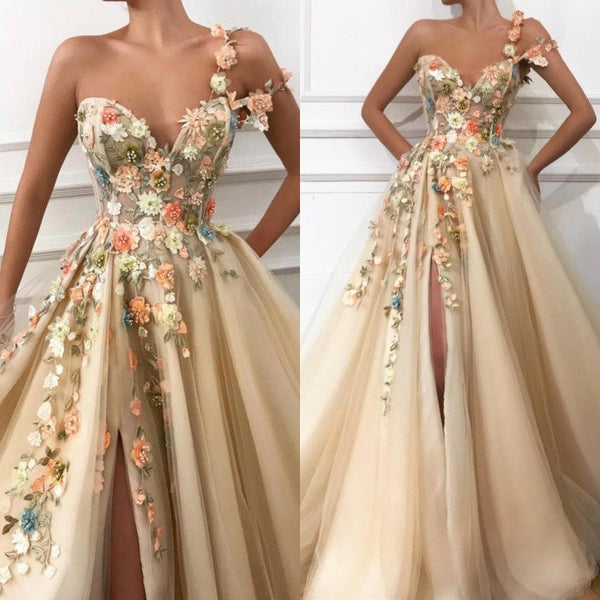 One Shoulder Ball Gown Prom Dress Applique Light Gold V-Neck Long Tulle-Ballbella