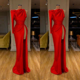 One-shoulder Long sleeves High-split Soft pleated Red Prom Dress-Ballbella