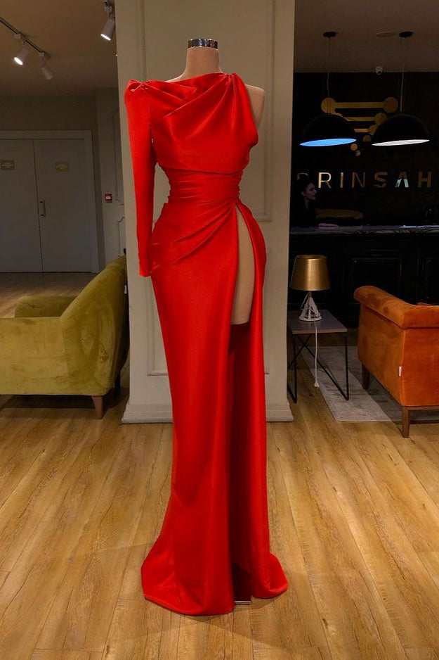 One-shoulder Long sleeves High-split Soft pleated Red Prom Dress-Ballbella