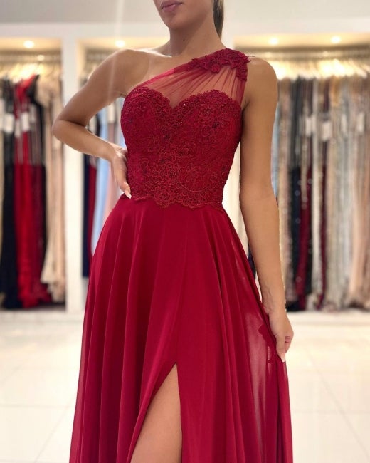 One Shoulder Red Prom Dress Floor Length Sleeveless Maxi Dress with Front Slit-Ballbella