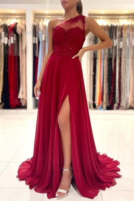 One Shoulder Red Prom Dress Floor Length Sleeveless Maxi Dress with Front Slit-Ballbella