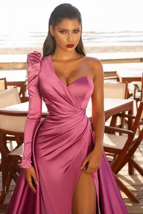 One Shoulder Satin Front Split Evening Party Dresses with Sweep Train-Ballbella