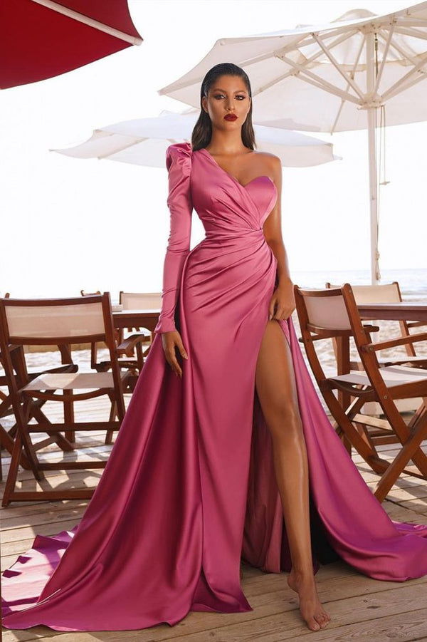 One Shoulder Satin Front Split Evening Party Dresses with Sweep Train-Ballbella