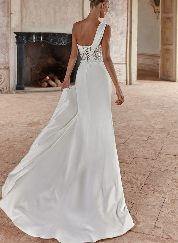 One-Shoulder Sleeveless Satin Wedding Dresses High Split-Ballbella