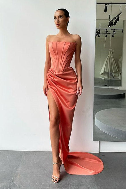 Orange High-split Strapless Pleats Prom Dress with court train-Ballbella