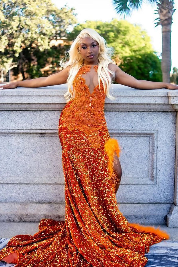 Orange Sleeveless Beaded Sequin Feathers Prom Dresses-Ballbella