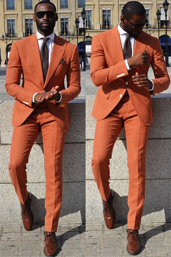 Orange Slim Fit Men Suit Peaked Lapel Prom Suits-Ballbella