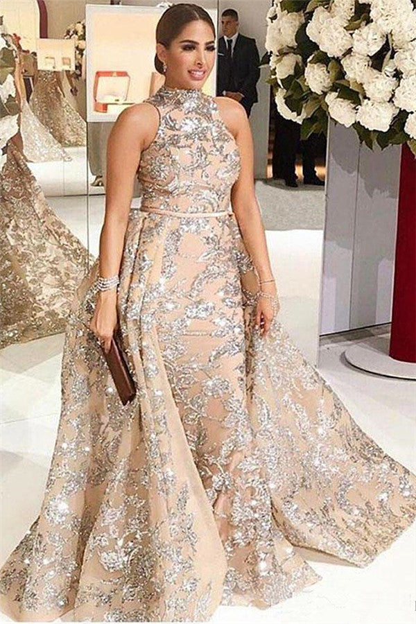 Overskirt Champagne Silver Beading Lace Appliques Chic Sleeveless Prom Dresses-Ballbella