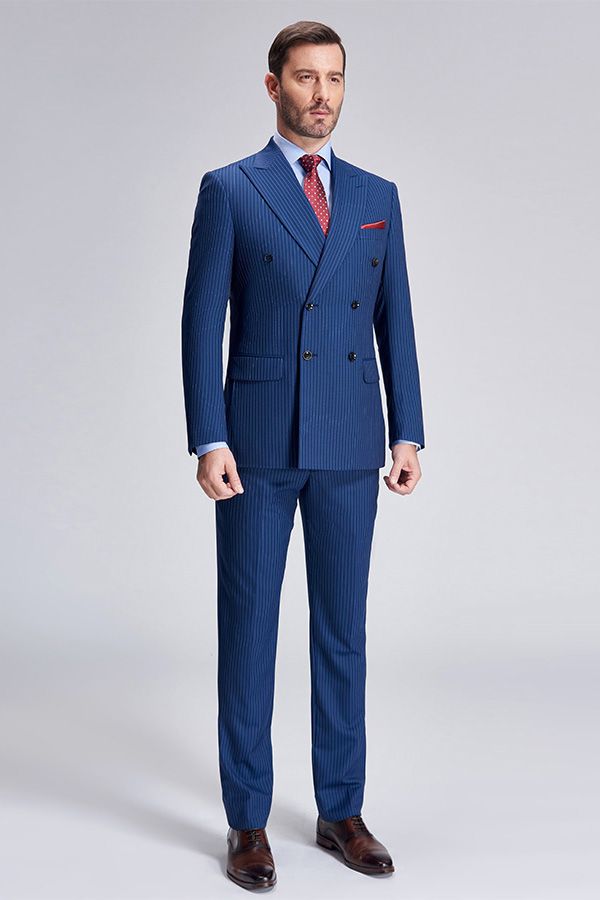 This Peak Lapel Blue Mens Suits for Business, Stripes Double Breasted Mens Suits at Ballbella comes in all sizes for prom, wedding and business. Shop an amazing selection of Peaked Lapel Double Breasted Blue mens suits in cheap price.