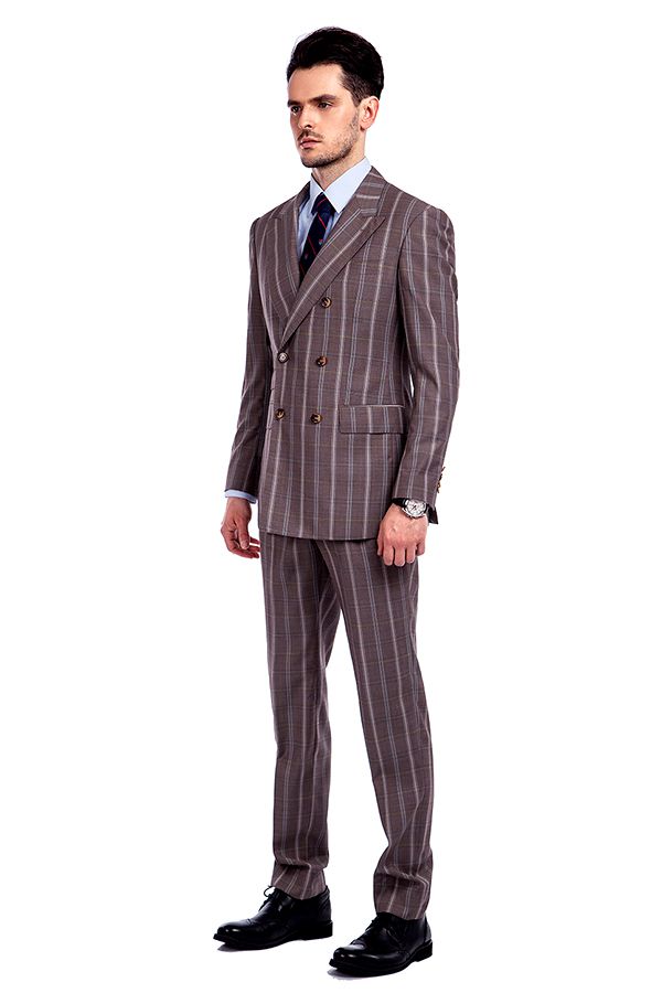 Looking for the Pricey Peak Lapel Plaid Double Breasted Premium Mens Suits with Flap Pocket online Find your Peaked Lapel Double Breasted Two-piece Chocolate mens suits for prom, wedding and business at Ballbella.