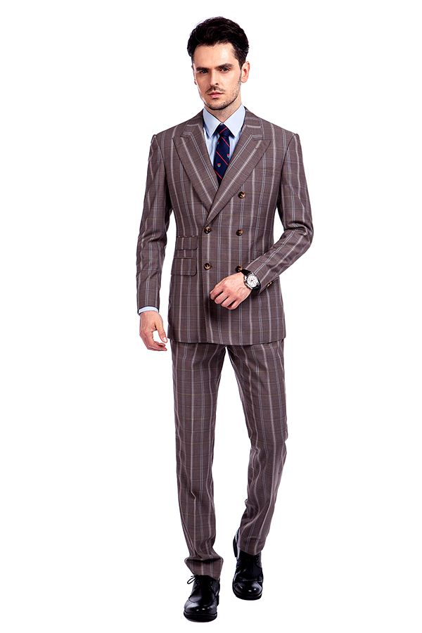 Looking for the Pricey Peak Lapel Plaid Double Breasted Premium Mens Suits with Flap Pocket online Find your Peaked Lapel Double Breasted Two-piece Chocolate mens suits for prom, wedding and business at Ballbella.