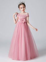 Pink Bateau Neck Sleeveless Bows Formal Kids Pageant flower girl dresses-Ballbella