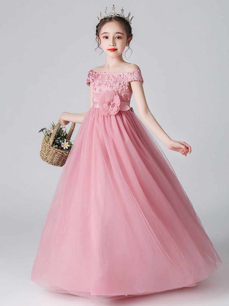 Pink Bateau Neck Sleeveless Bows Formal Kids Pageant flower girl dresses-Ballbella