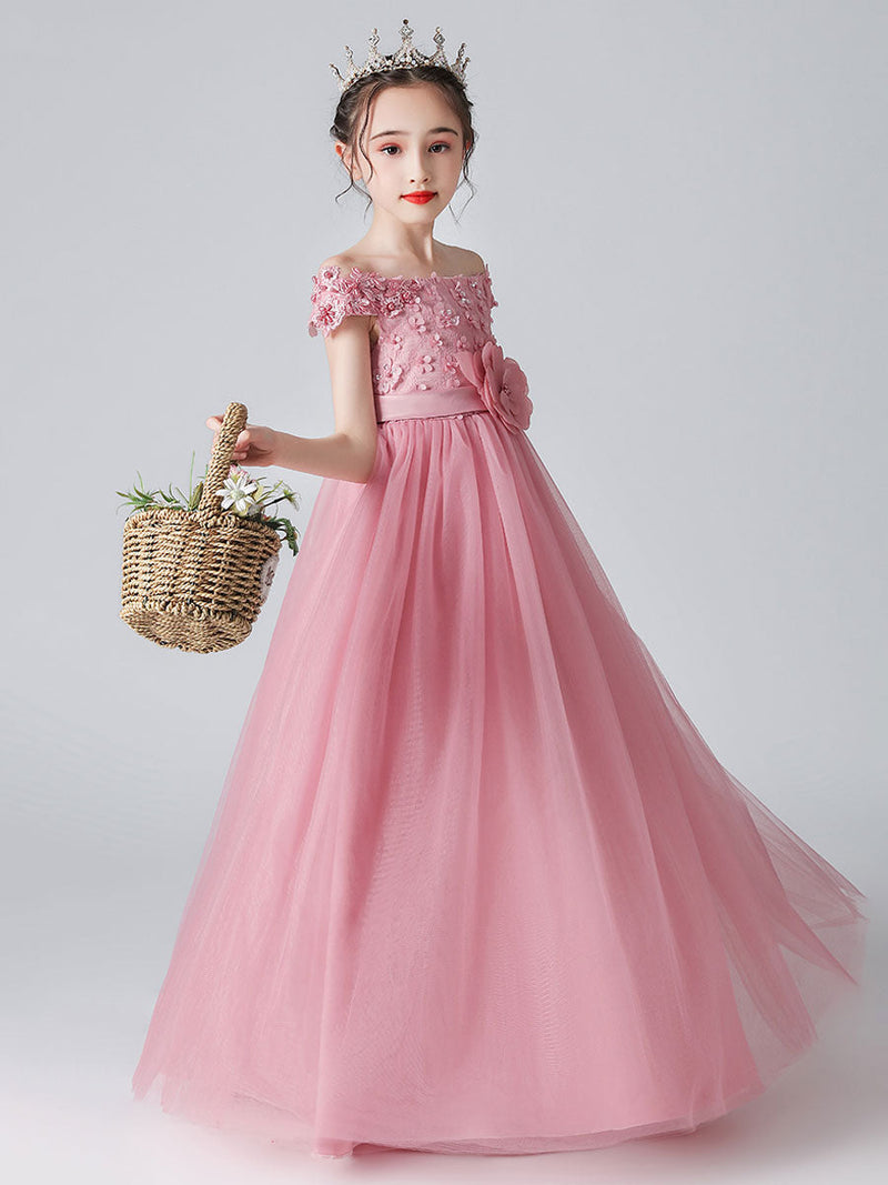 Pink Bateau Neck Sleeveless Bows Formal Kids Pageant flower girl dresses-Ballbella