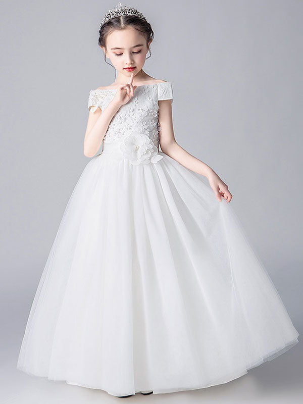 Pink Bateau Neck Sleeveless Bows Formal Kids Pageant flower girl dresses-Ballbella