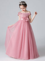 Pink Bateau Neck Sleeveless Bows Formal Kids Pageant flower girl dresses-Ballbella