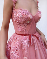 Pink Gorgeous A-line Spaghetti Tulle Flower Applique Prom Dresses-Ballbella