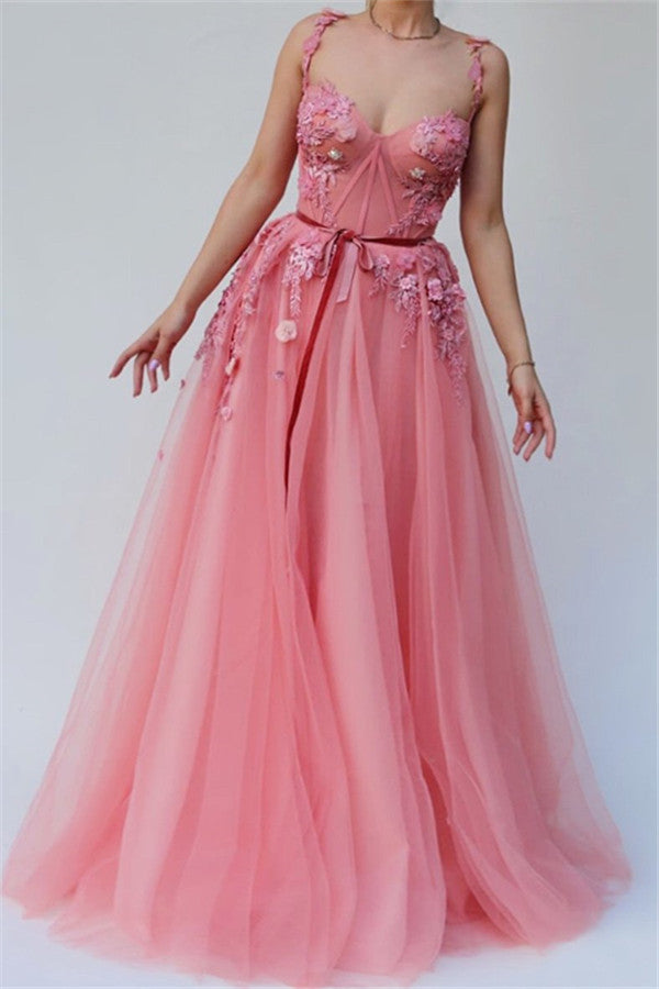 Pink Gorgeous A-line Spaghetti Tulle Flower Applique Prom Dresses-Ballbella