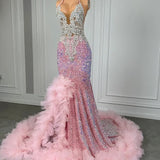 Pink Halter Mermaid Prom Dress with Sequins Beadings and Tulle Ruffle-Ballbella