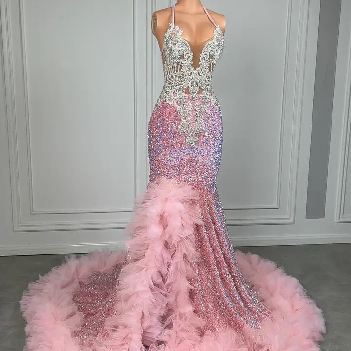 Pink Halter Mermaid Prom Dress with Sequins Beadings and Tulle Ruffle-Ballbella