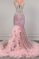 Pink Halter Mermaid Prom Dress with Sequins Beadings and Tulle Ruffle-Ballbella