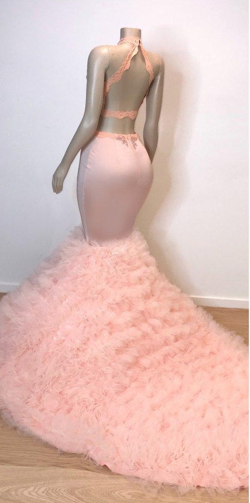 Pink Halter Sleeveless Mermaid Prom Dresses New Arrival Chic Open Back Lace Tulle Evening Gowns-Ballbella