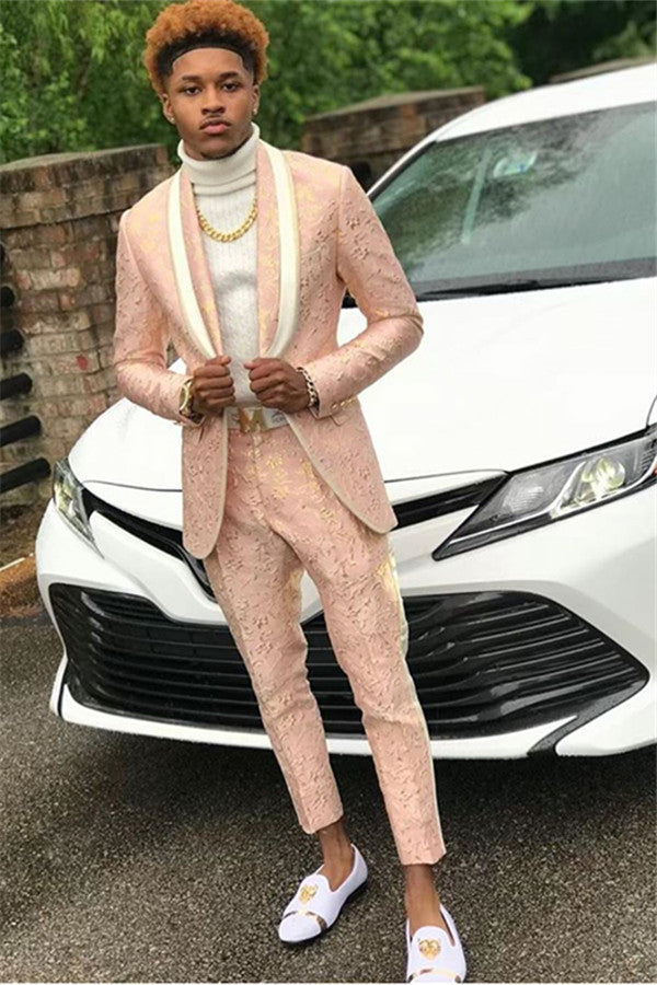 Pink Jacquard Men Suit for Prom Online Shawl Lapel Prom Outfit-Ballbella