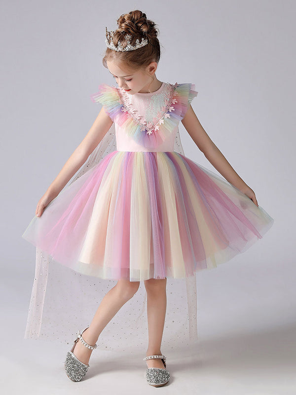 Pink Jewel Neck Short Sleeves Kids Social Party Dresses Princess Dress-Ballbella