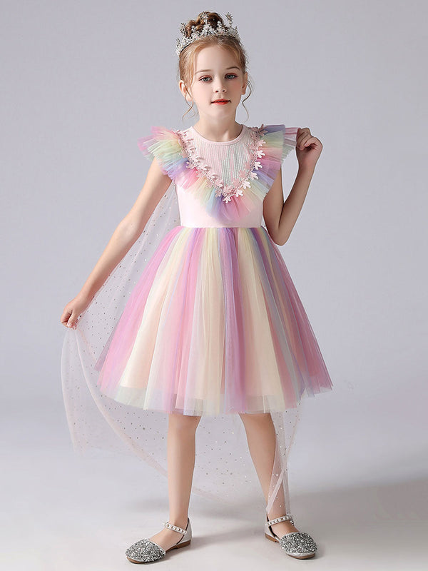 Pink Jewel Neck Short Sleeves Kids Social Party Dresses Princess Dress-Ballbella