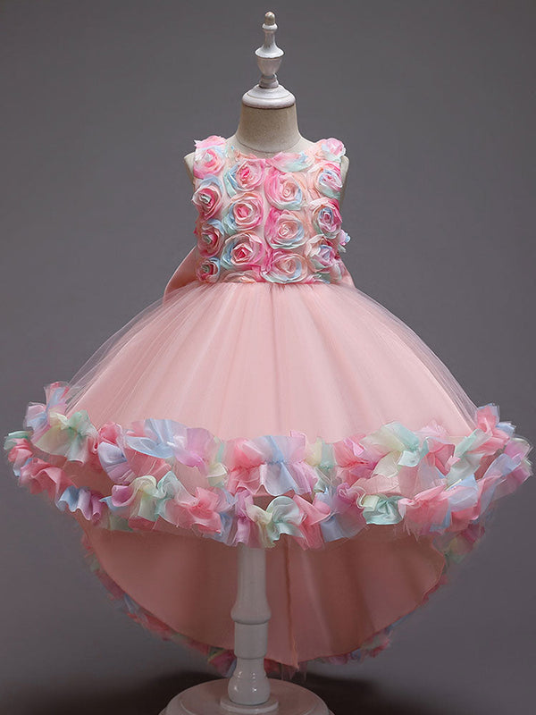 Pink Jewel Neck Sleeveless Bows Flowers Tulle Polyester Cotton Formal Kids Pageant flower girl dresses-Ballbella