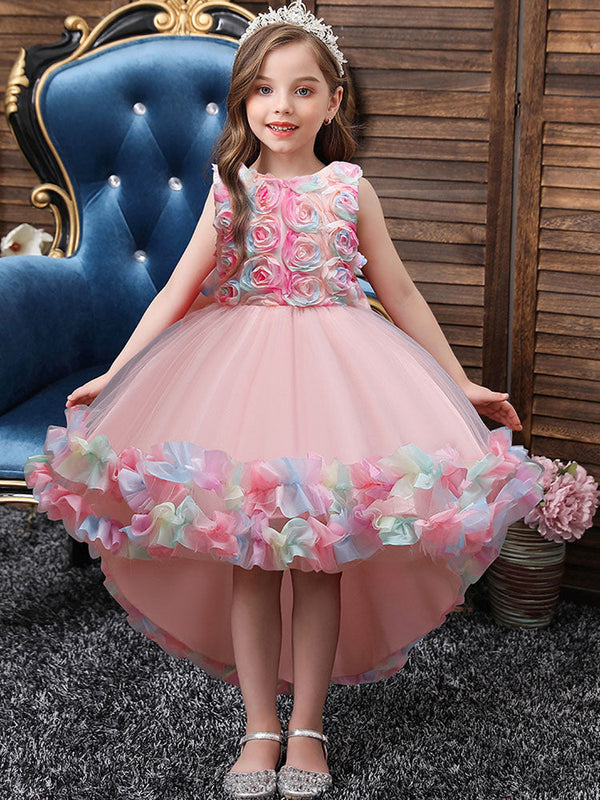 Pink Jewel Neck Sleeveless Bows Flowers Tulle Polyester Cotton Formal Kids Pageant flower girl dresses-Ballbella