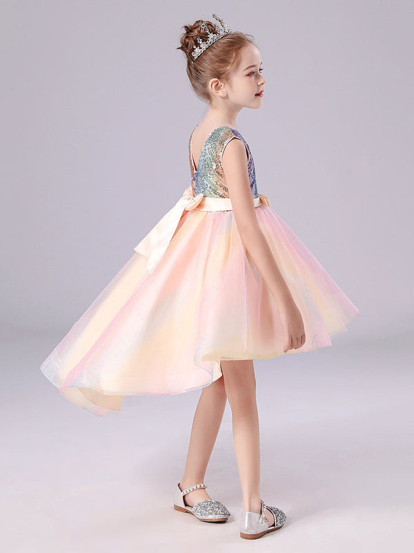 Pink Jewel Neck Tulle Sleeveless Short Princess Dress Bows Formal Kids Pageant flower girl dresses-Ballbella