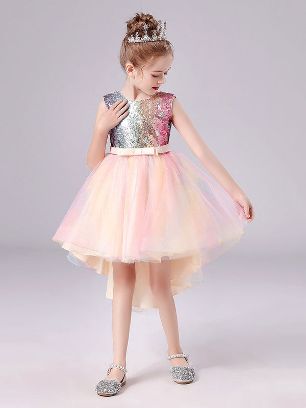 Pink Jewel Neck Tulle Sleeveless Short Princess Dress Bows Formal Kids Pageant flower girl dresses-Ballbella