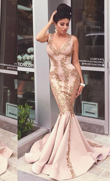 Pink Lace-Appliques Mermaid Sleeveless Prom Dresses-Ballbella