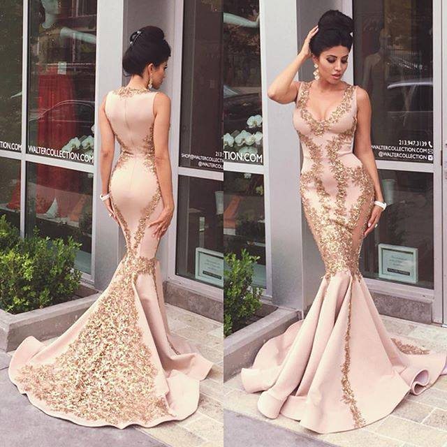 Pink Lace-Appliques Mermaid Sleeveless Prom Dresses-Ballbella