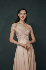 Pink Lace-up Off-the-shoulder Chiffon Formal Dress-Ballbella