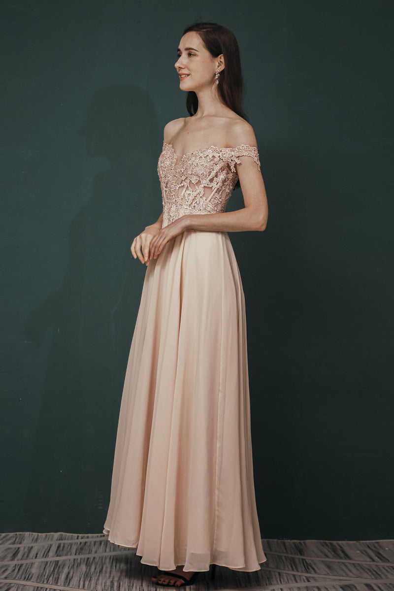 Pink Lace-up Off-the-shoulder Chiffon Formal Dress-Ballbella