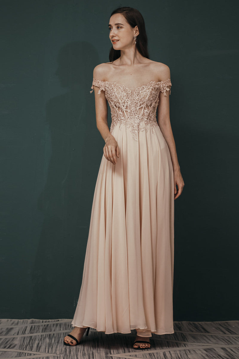 Pink Lace-up Off-the-shoulder Chiffon Formal Dress-Ballbella