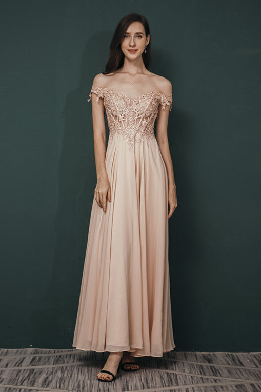 Pink Lace-up Off-the-shoulder Chiffon Formal Dress-Ballbella