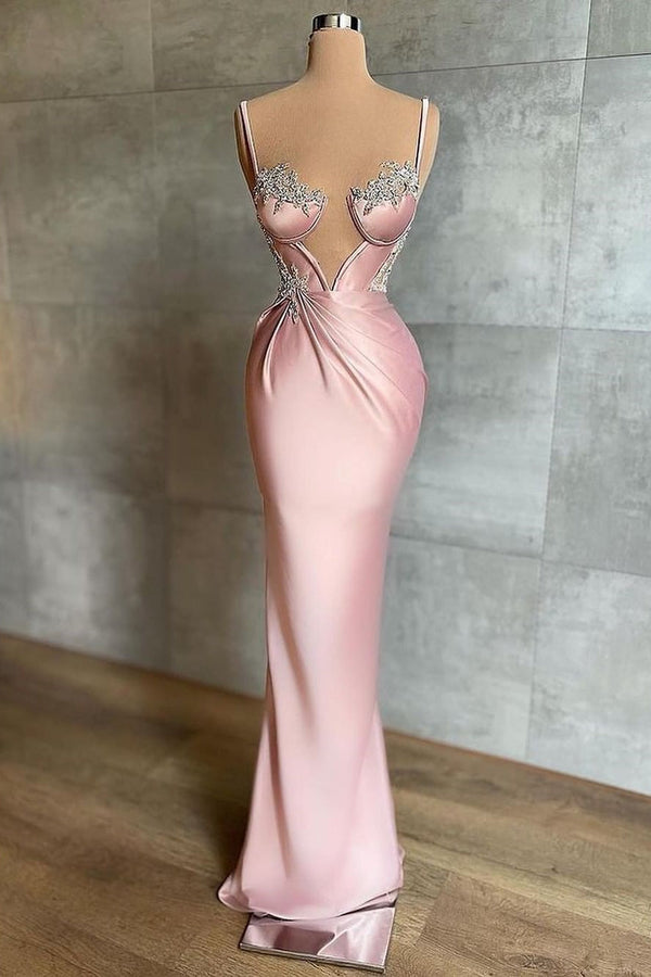 Pink Spaghetti-Straps Mermaid Prom Dress Sleeveless With Appliques-Ballbella