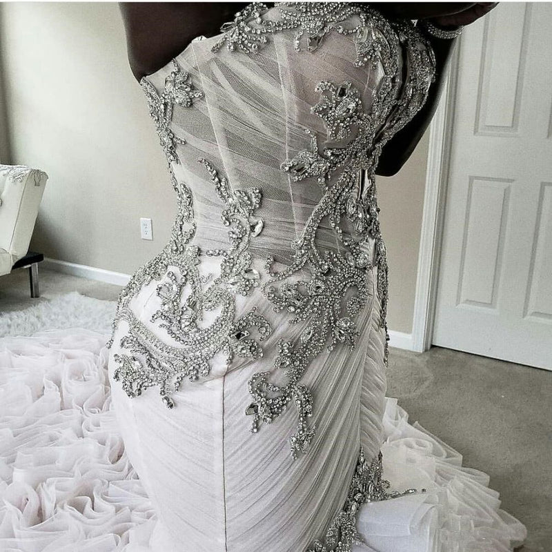 Africa Mermaid Wedding Dresses Sexy Strapless Ruffle Sweep Train Bridal  Gowns