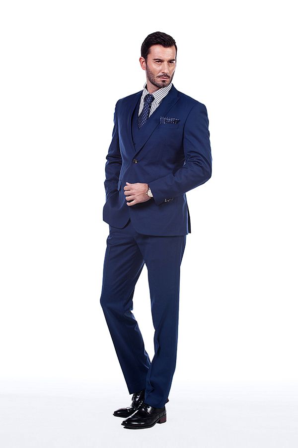 Looking for the Pricey Premium Peak Lapel Navy Blue Three Piece Suits for Men with Double Breasted Vest online Find your Peaked Lapel Single Breasted Three-piece Blue mens suits for prom, wedding and business at Ballbella.