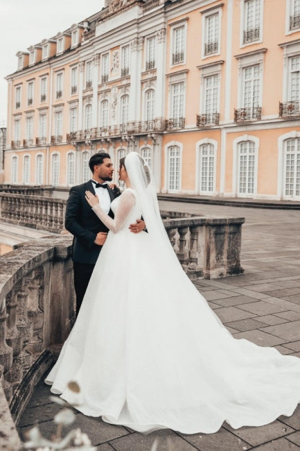 Pretty Long White A-line Wedding Dresses With Long Sleeves-Ballbella